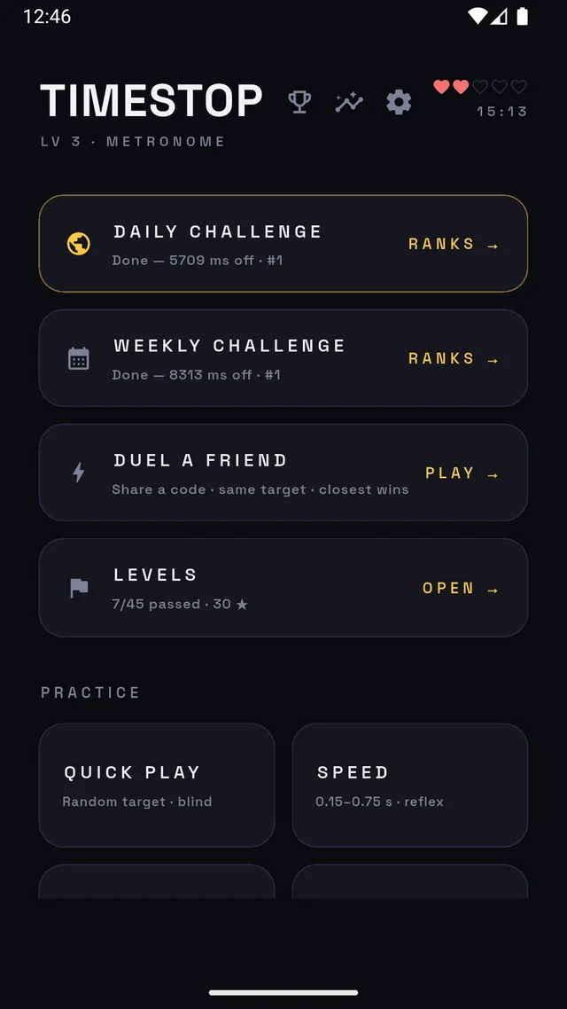 TimeStop home screen with daily challenge, weekly challenge, duels, and levels